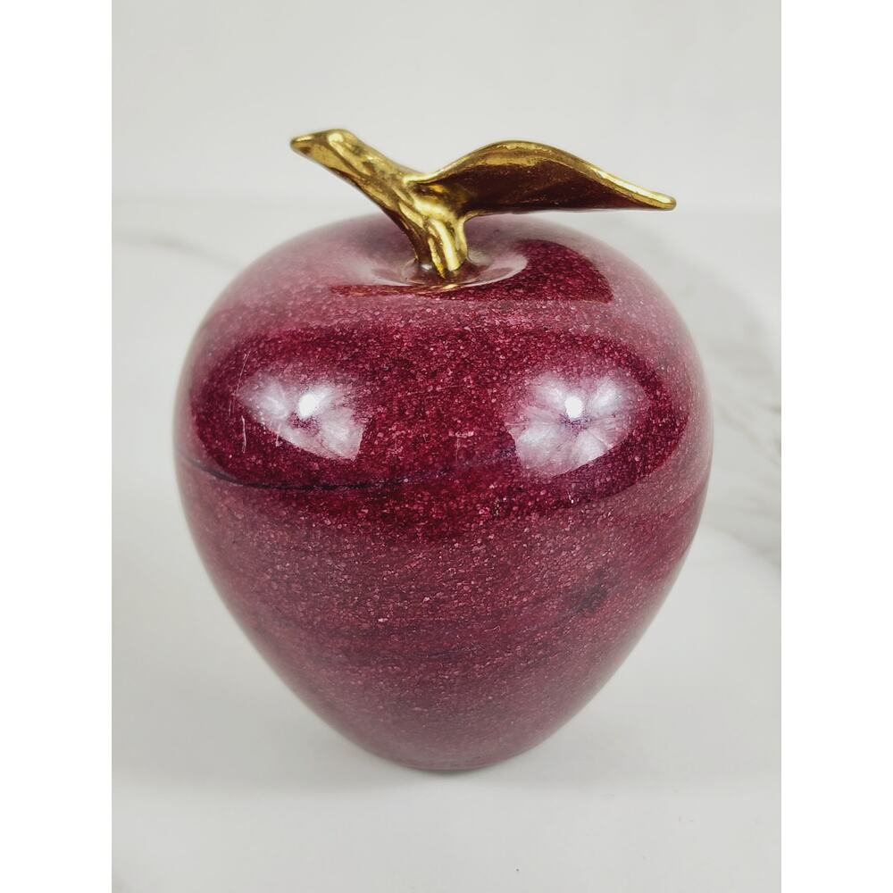 Red Marble Apple Paperweight w/ Brass Stern 4" Andrea by Sadek 80s Vintage
